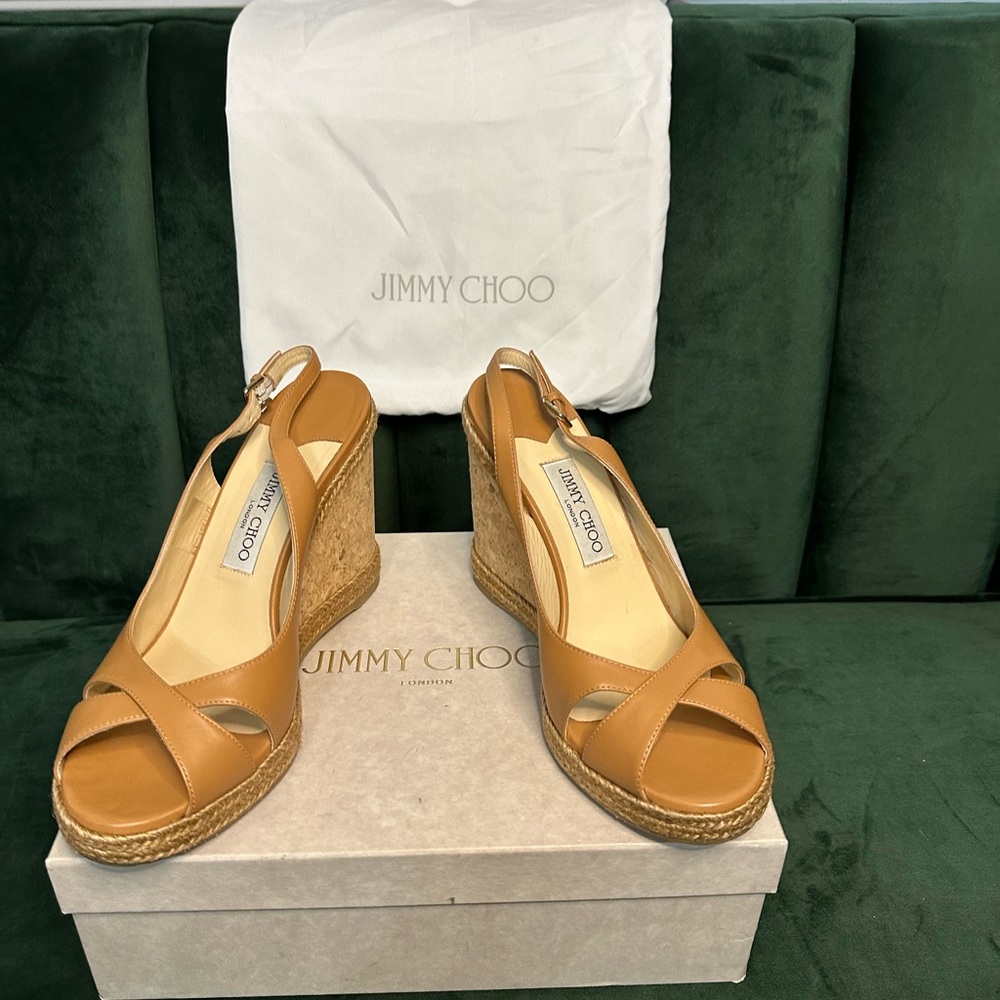 JIMMY CHOO AMELY 105 SLINGBACK CORK PLATFORM WEDGE SANDALS Caramel -41 (US 10)